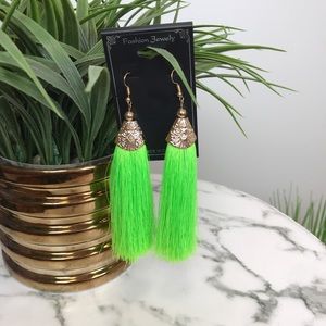 ‼️ Neon Green Tassel Thread Drop Earrings Boho